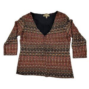 Brown V-Neck Top Striped Fall Rust Womens Stretchy Top V-neck Size Large  JH1258